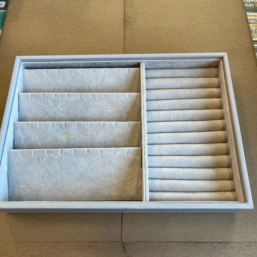 Cream Jewelry Organizer Tray with Ring Rolls & Divided Compartments